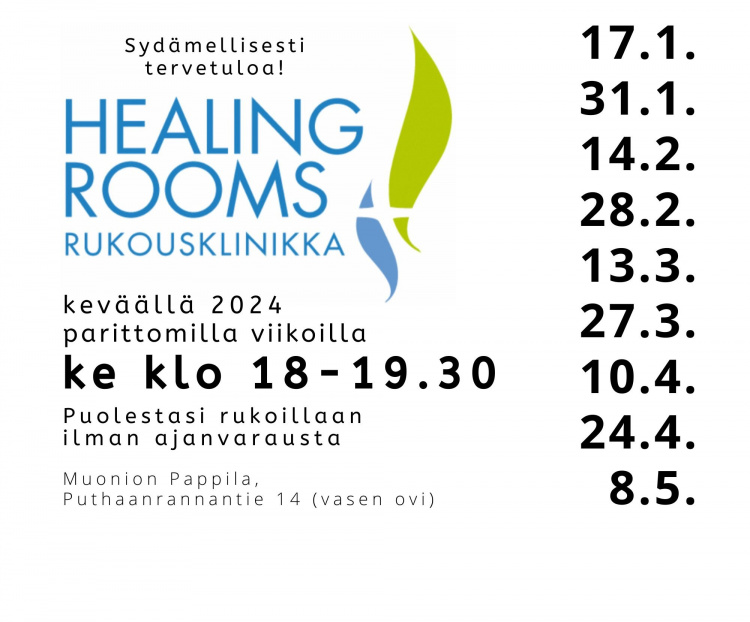 Sini-vihreä Healing rooms -logo ja tekstiä