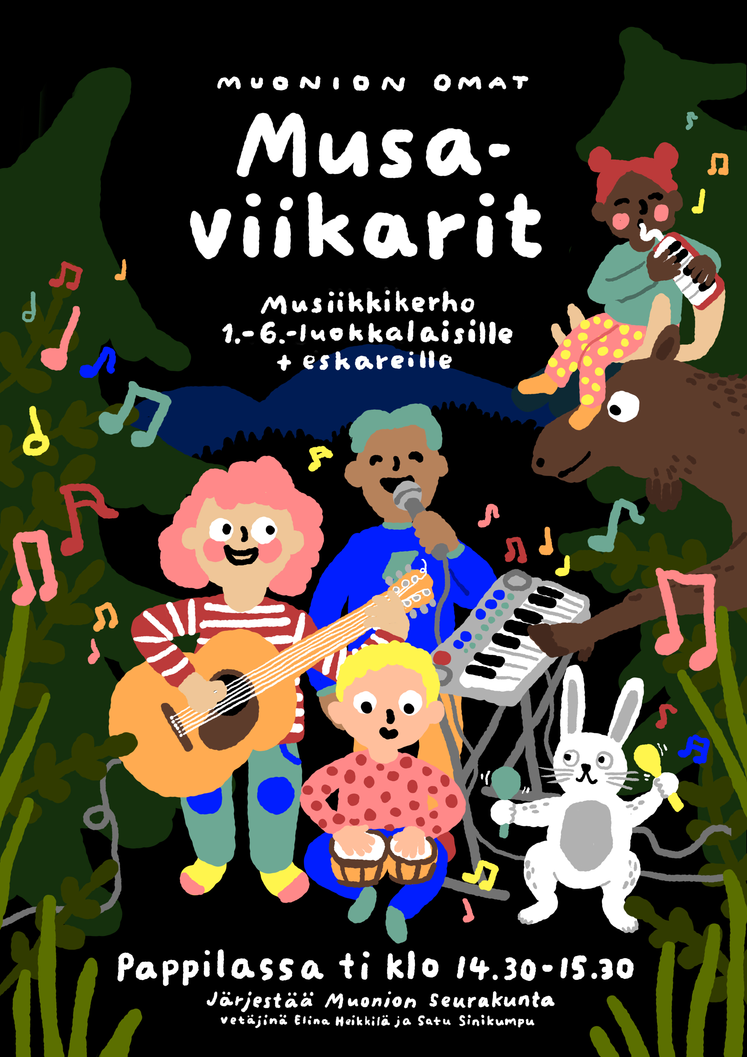Musaviikarit-musiikkikerho eskarilaisille ja alakoululaisille Musaviikarit -juliste, tummalla pohjalla soittavia lapsia ja eläimiä