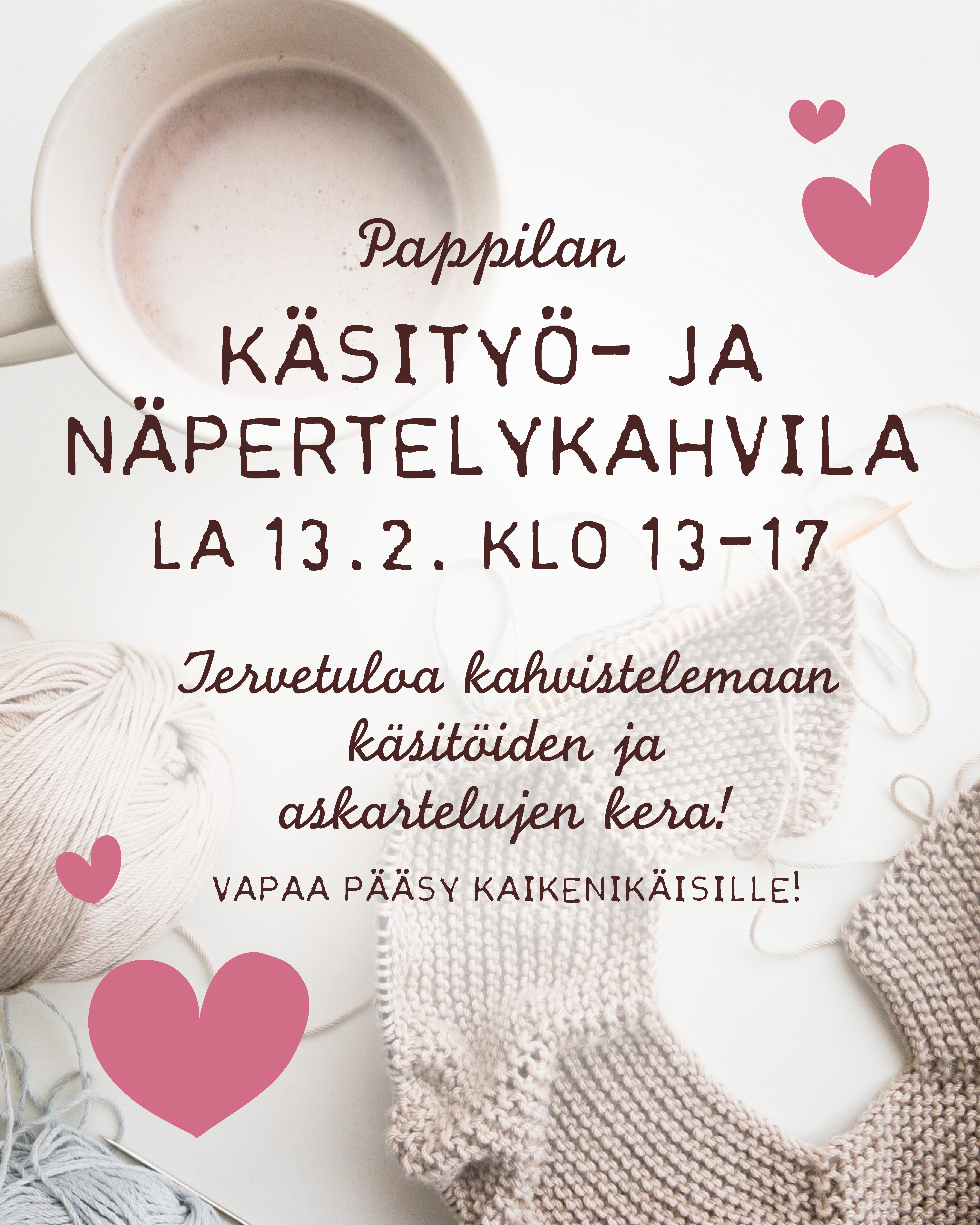Käsityö- ja näpertelykahvila Pappilassa kuva ilmoituksesta; kuvassa neule ja sydämiä