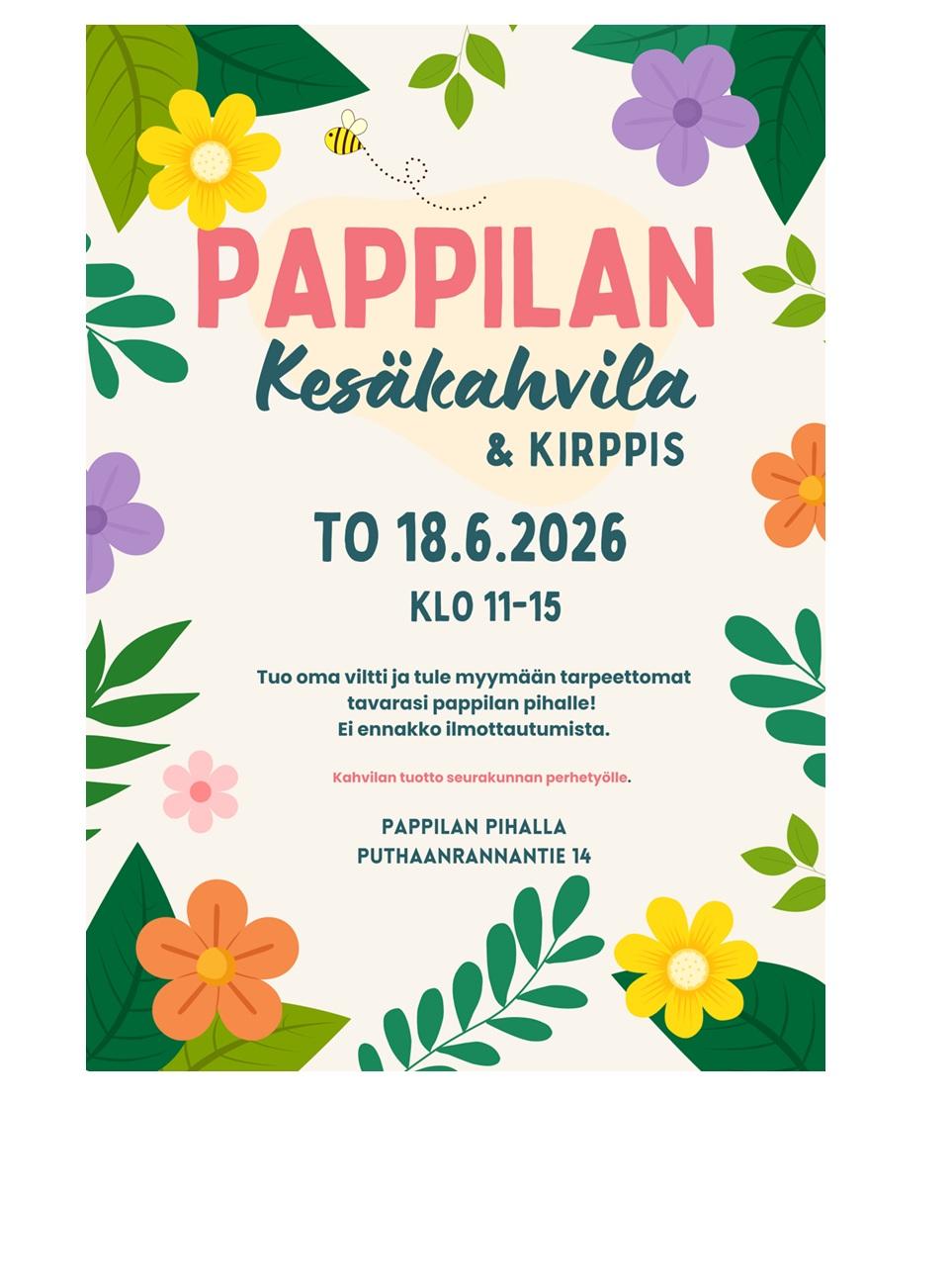 Valkoinen pohja, iloisen värisiä kukkia reunoilla keskellä teksti