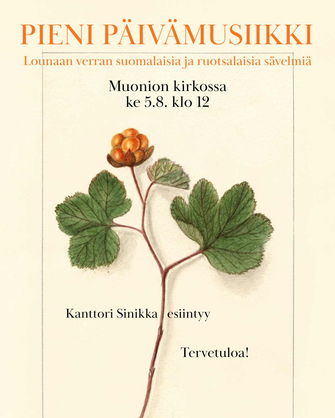 Pieni päivämusiikki 5.8. klo 12 Muonion kirkossa. Konserttimainos.