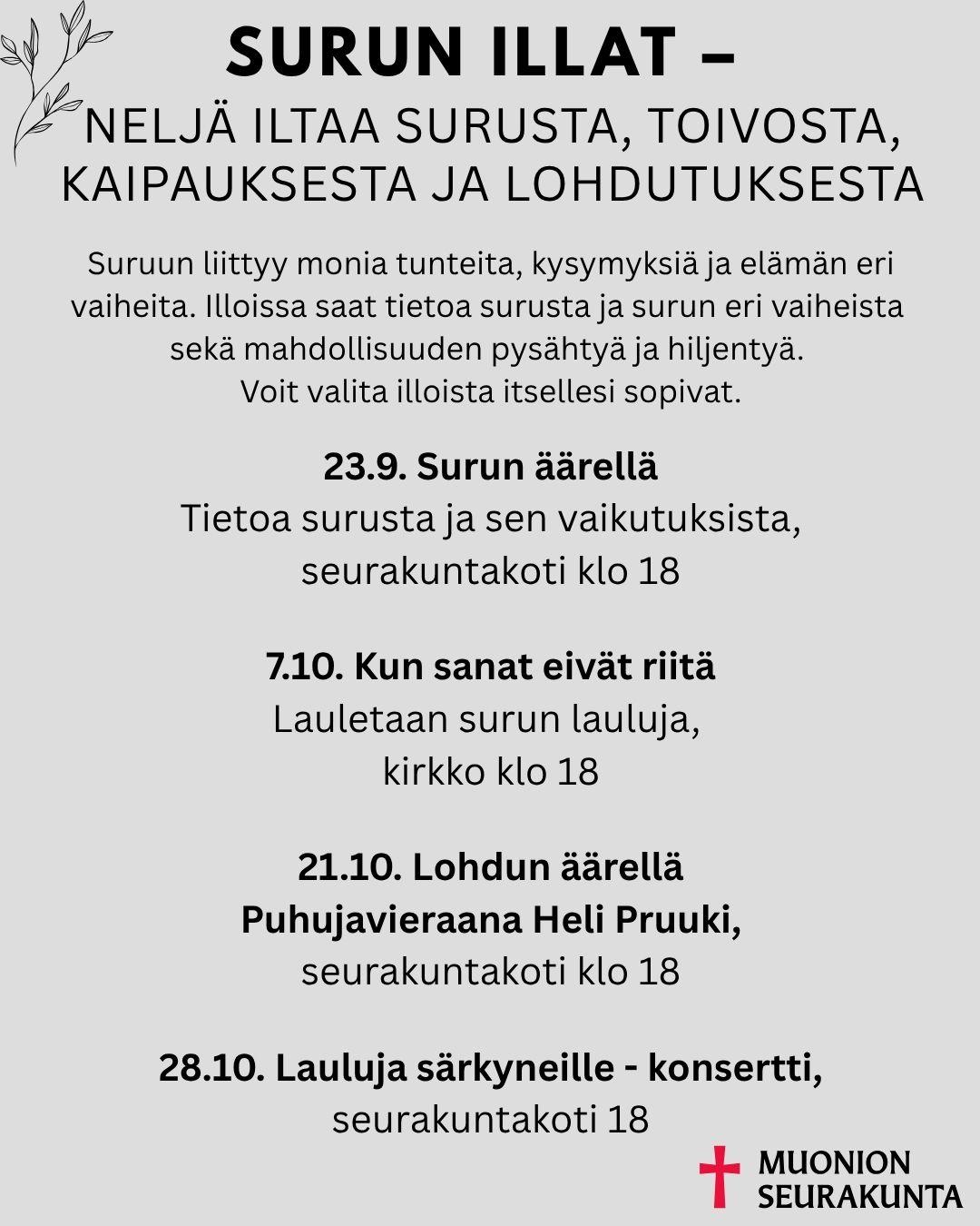 Listaus surun iltojen ajoista ja aiheista