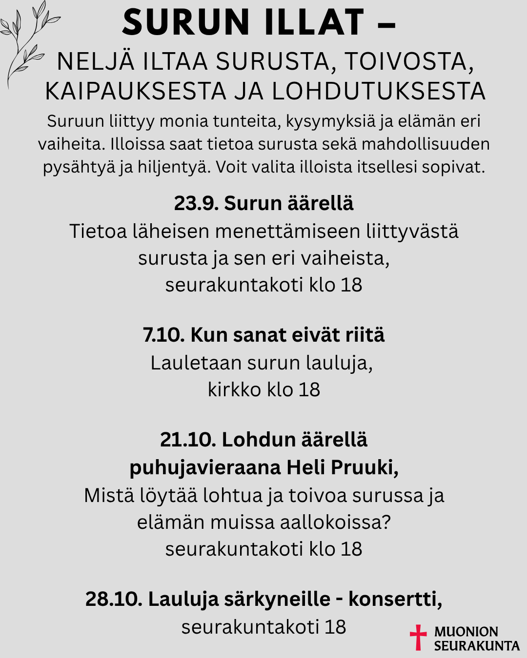 Listaus surun iltojen ajoista ja aiheista