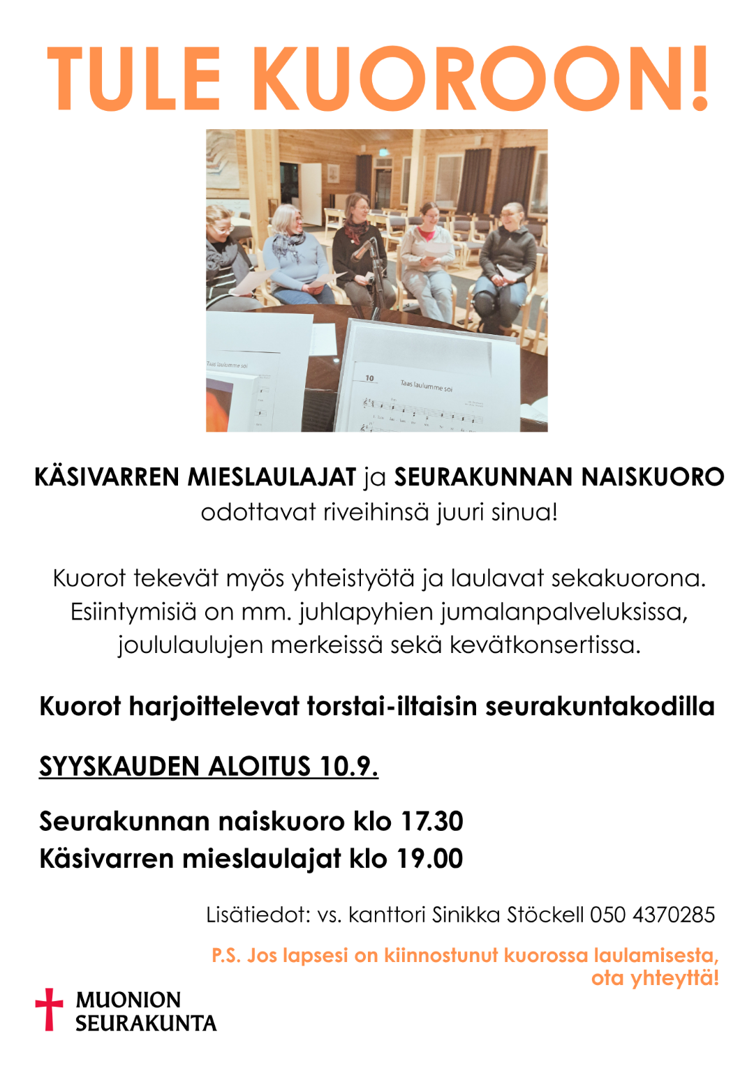 Mainos seurakunnan alkavasta kuorotoiminnasta