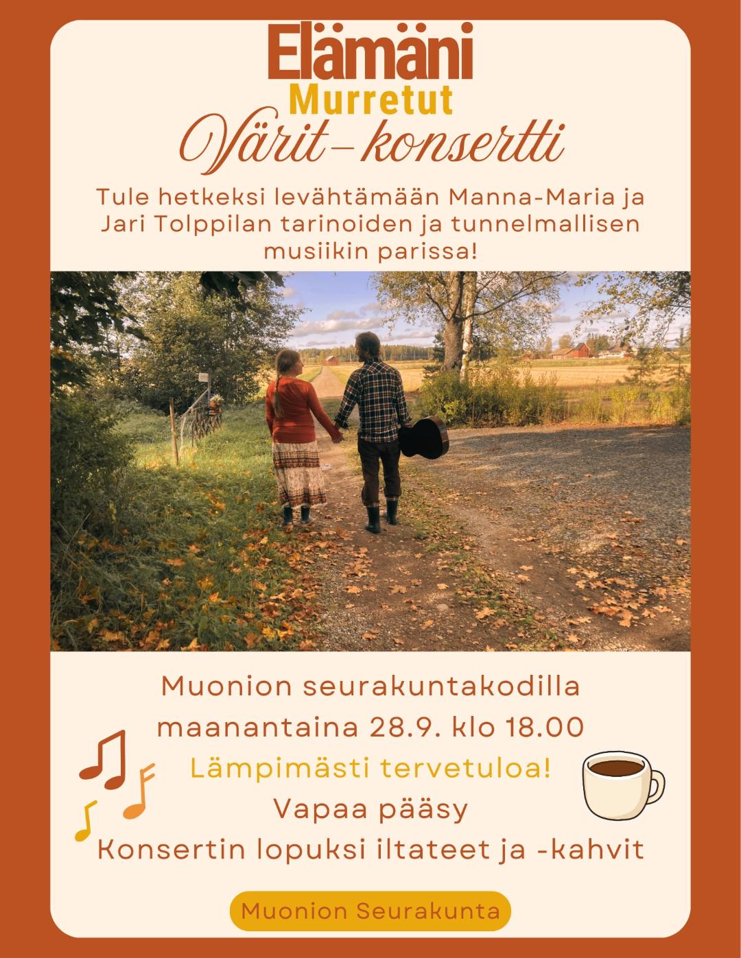 mainoskuvassa muusikot kävelemässä syysmaisemassa